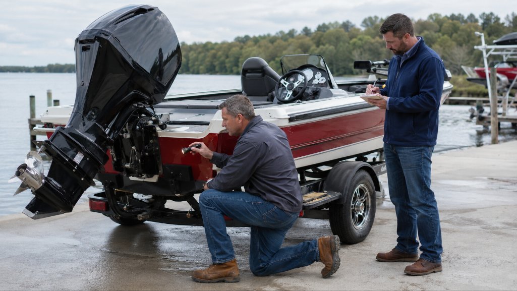 Marine technician inspecting a used boat for private seller boat financing.