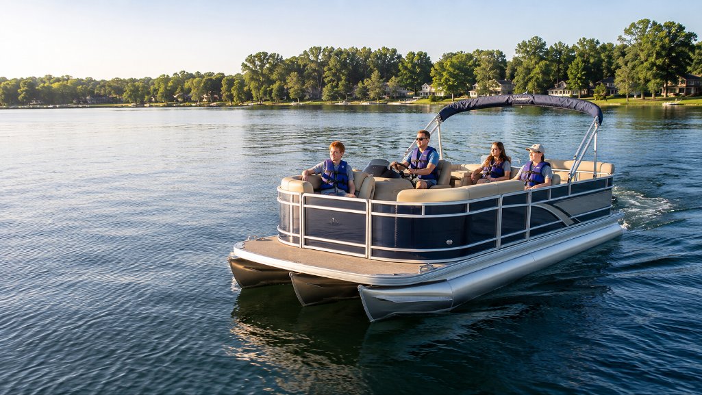 Pontoon boat cruising on a Michigan lake after securing pontoon boat financing.