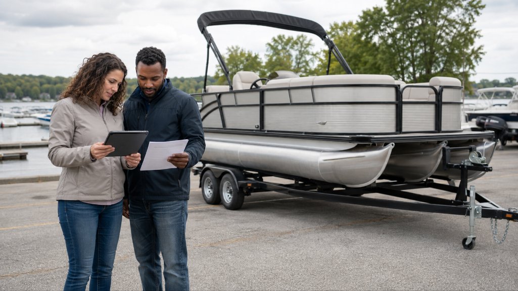 Couple reviewing pontoon boat financing costs beside a trailered pontoon.