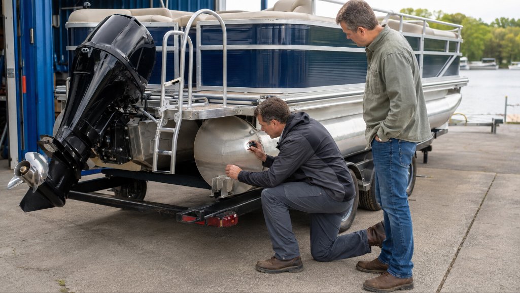 Marine technician inspecting a used pontoon before pontoon boat financing.