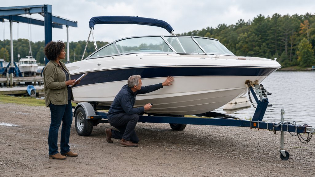 Used boat buying checklist inspection at a Michigan marina.