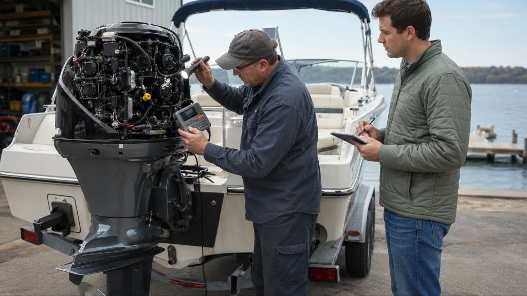 Marine technician completing an engine inspection for a used boat buying checklist.