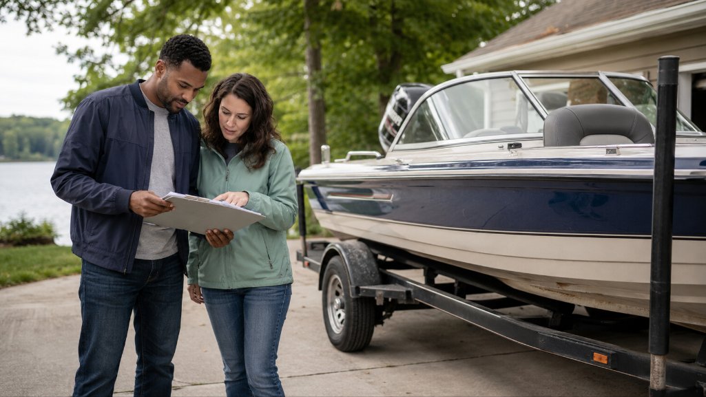 Couple reviewing maintenance records and a trailer with a used boat buying checklist.