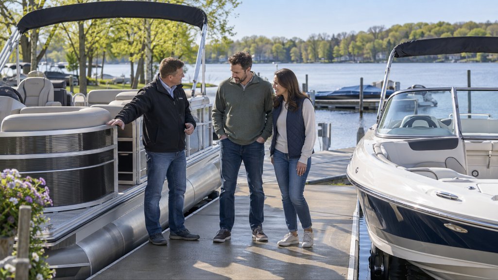 Couple comparing spring inventory to find the best time to buy a boat.