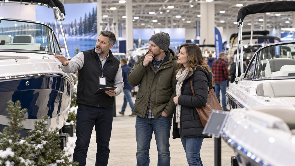 Michigan boat show shoppers considering the best time to buy a boat.