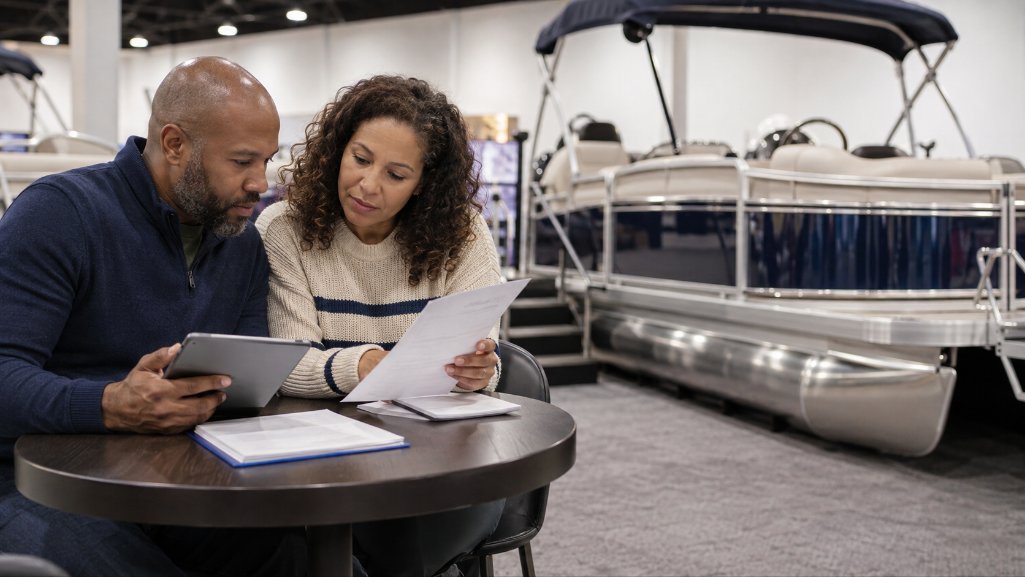 Couple reviewing a contract before buying a boat at a boat show.