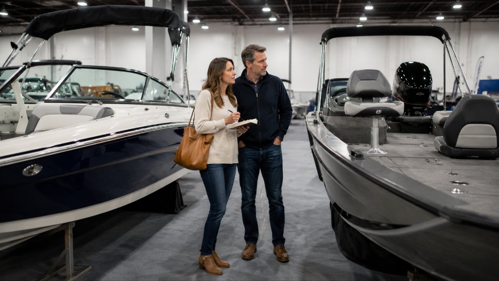 Buyers comparing models before buying a boat at a boat show.