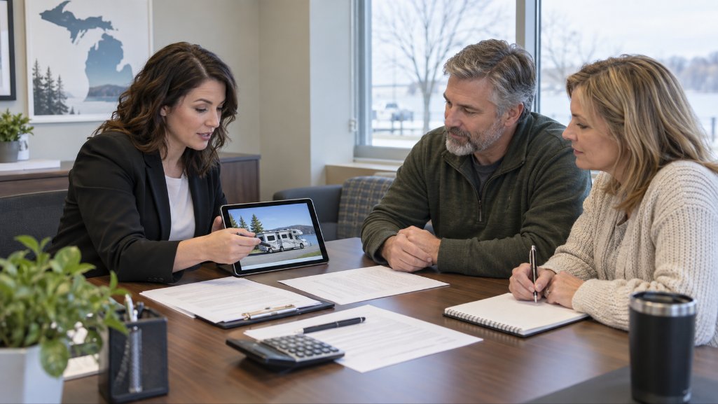 Loan professional explaining credit union RV loan pre-approval terms to a couple.