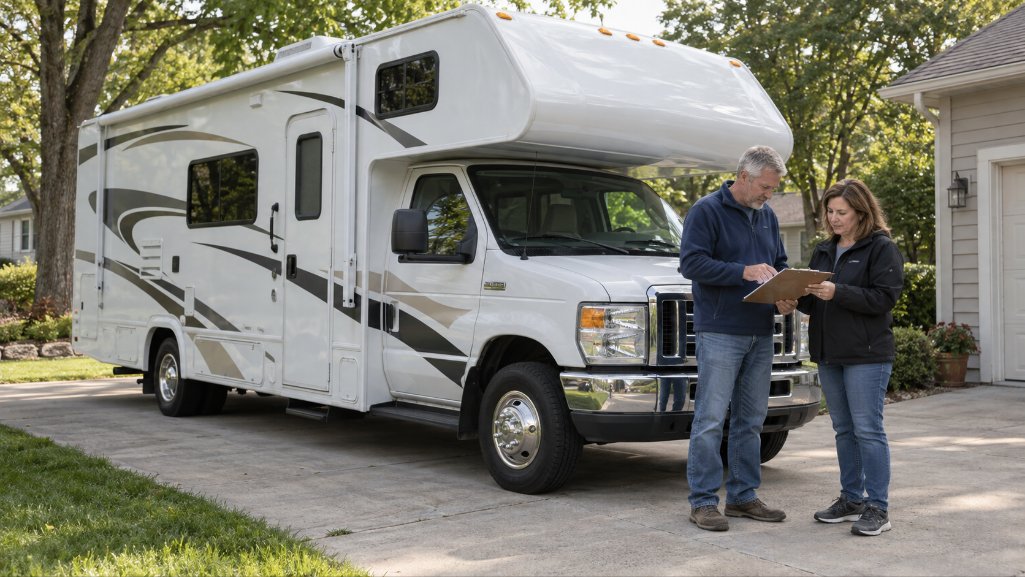 Buyer and seller reviewing paperwork for a private party RV loan.