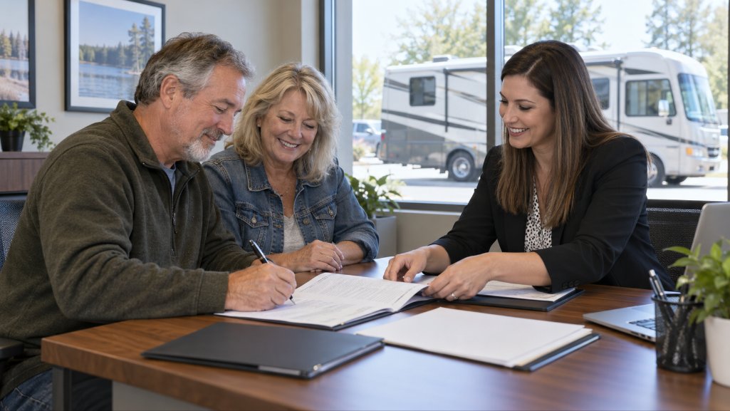 Buyer and seller completing private party RV loan documents with a loan professional.