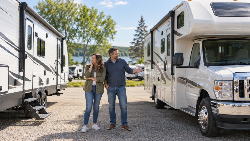 Couple comparing new and used RV financing options at a Michigan dealership.