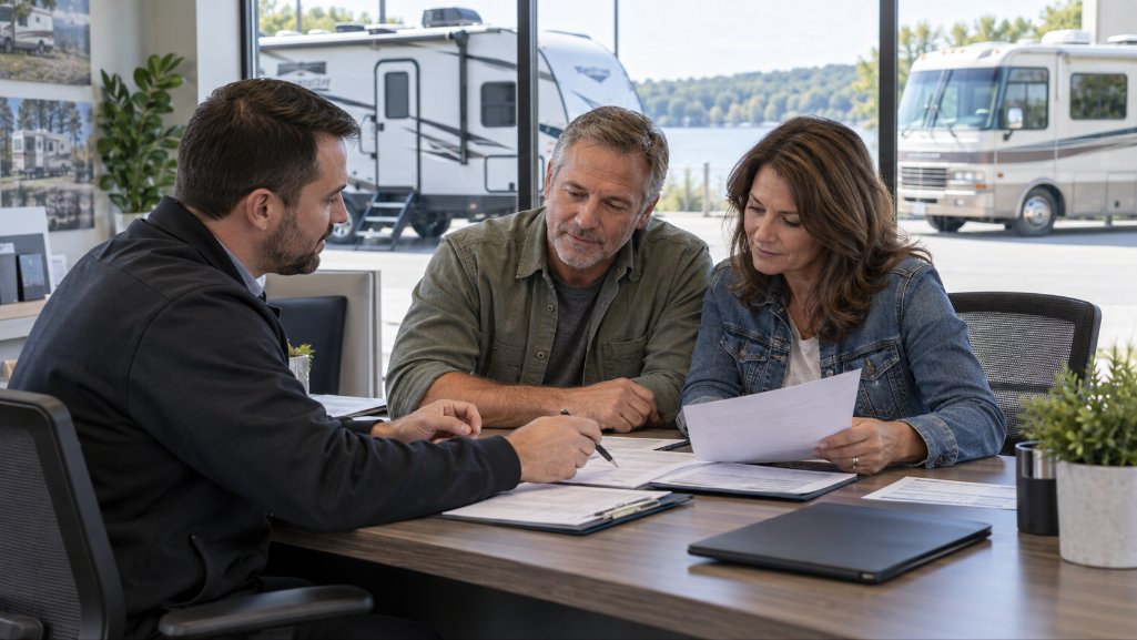 Couple comparing purchase costs and used RV financing terms.