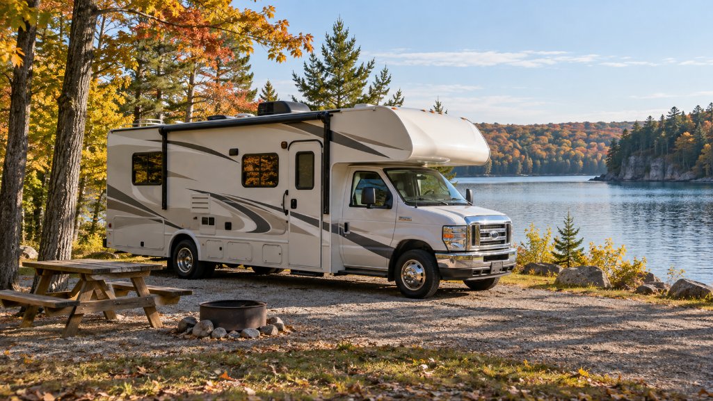 RV financing for a motorhome at a Michigan lakeside campground.