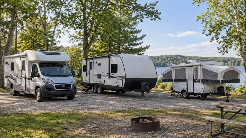 RV financing options for a motorhome, travel trailer, and pop-up camper.