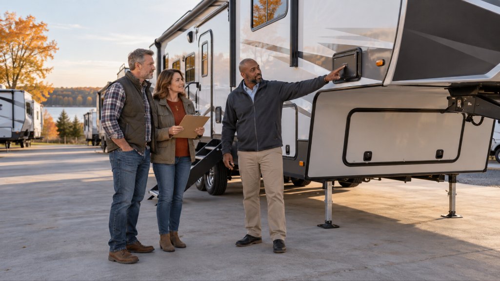 Michigan couple exploring RV financing while shopping for a fifth-wheel trailer.