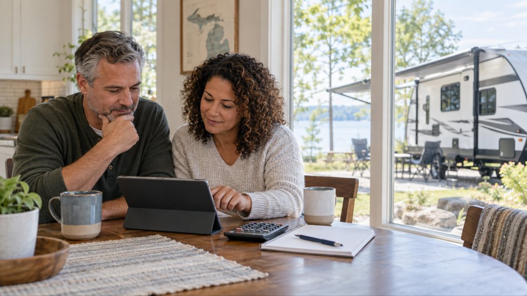 Couple using an RV loan calculator to estimate an affordable payment.