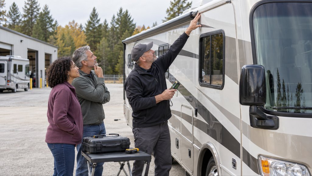 Technician inspecting a motorhome as part of an RV loan calculator budget.