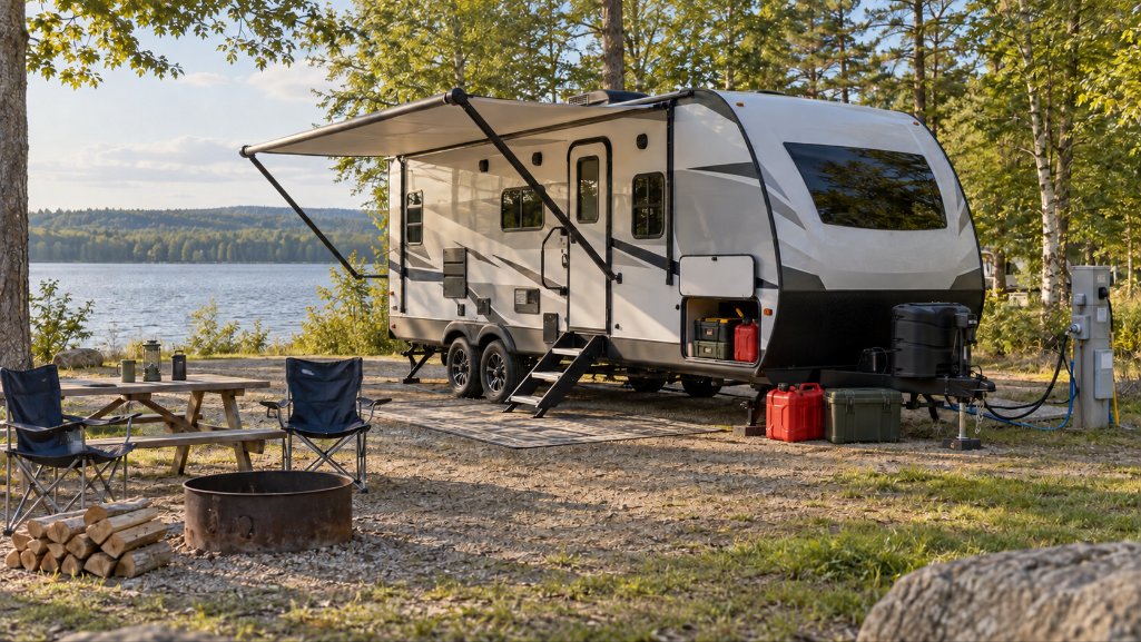 Travel trailer and camping equipment representing costs beyond an RV loan calculator.