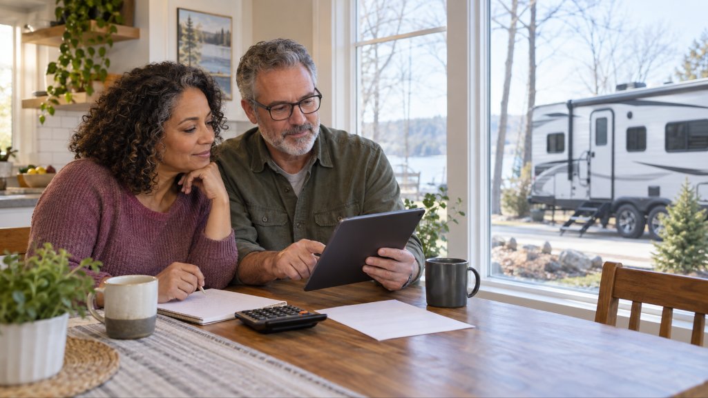 Couple reviewing their budget before requesting RV loan pre-approval.