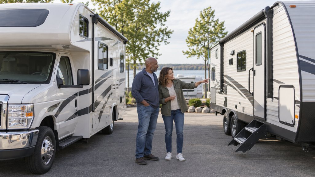 Couple using RV loan pre-approval to compare a motorhome and travel trailer.