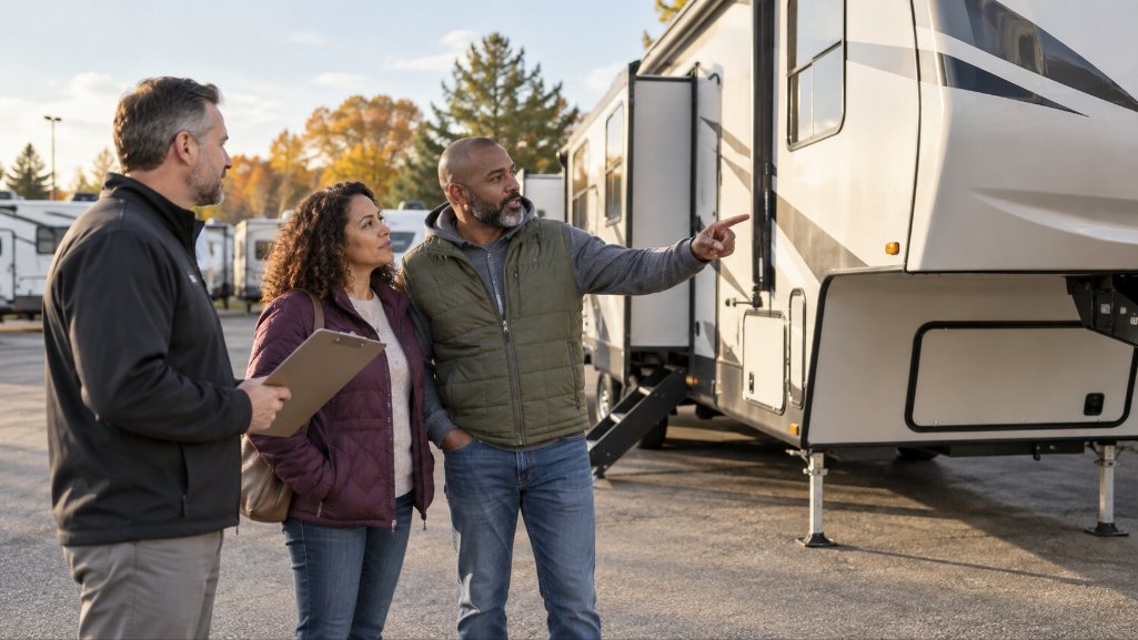 Shoppers using RV loan pre-approval during fifth-wheel price negotiations.