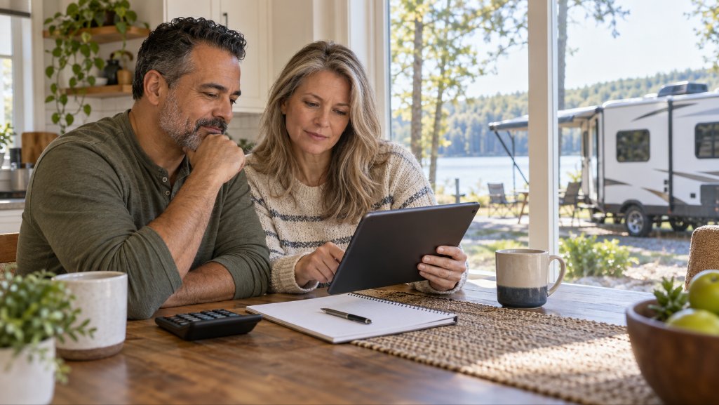 Couple reviewing automatic payments and other factors affecting RV loan rates.