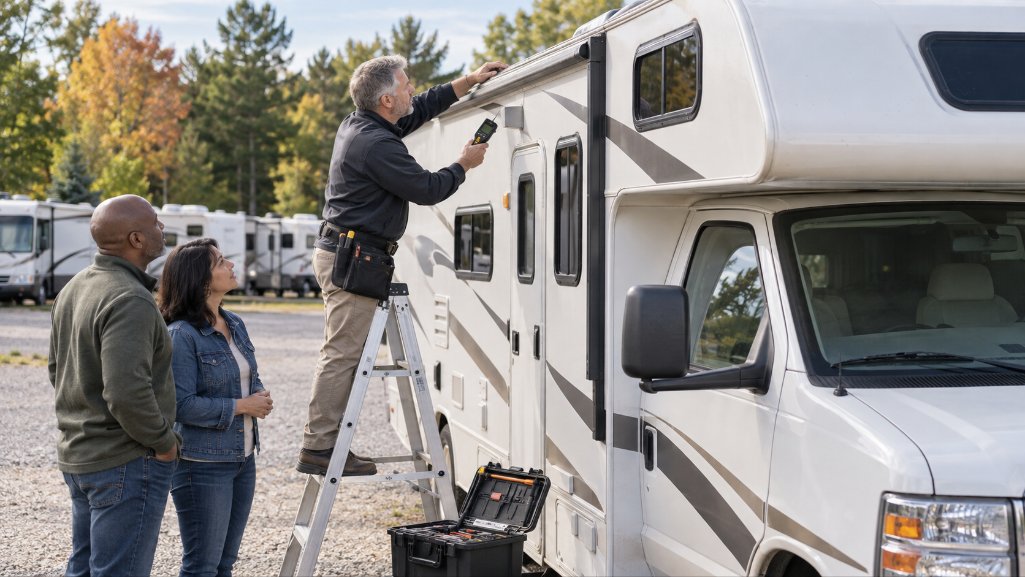 Inspector evaluating a motorhome whose condition may affect RV loan rates.