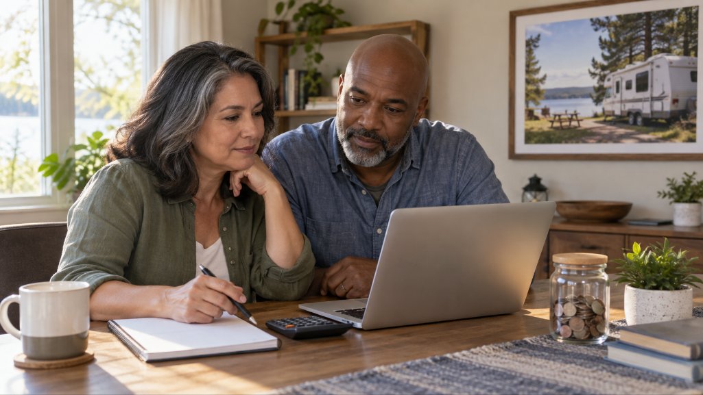 Couple comparing RV loan rates before financing a travel trailer.