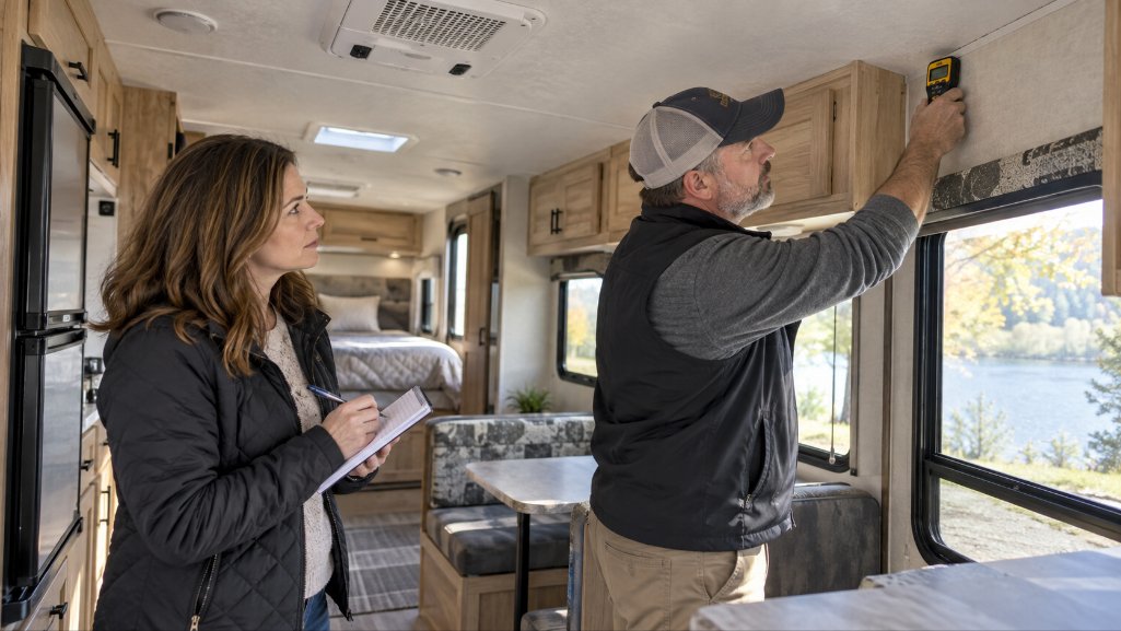 Used RV buying checklist inspection for water damage inside a travel trailer.