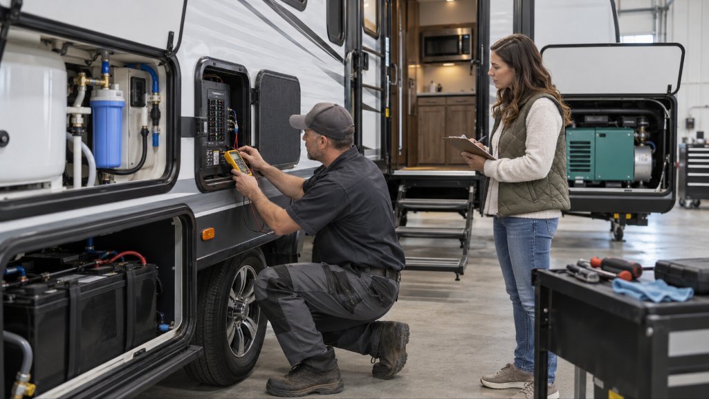 Used RV buying checklist inspection of electrical, plumbing, and generator systems.