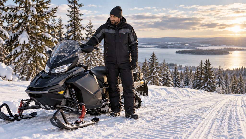Snowmobile parked on a hilltop in Michigan purchased with snowmobile financing.