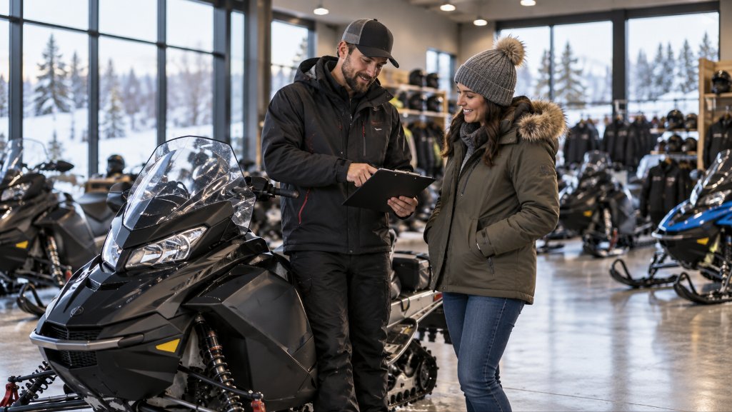 Snowmobile buyers at a dealership in Michigan reviewing their snowmobile financing options.