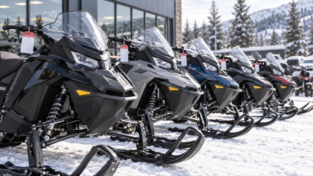 Snowmobiles for sale at a dealership in Michigan whose monthly payments can be compared by using a snowmobile loan calculator.