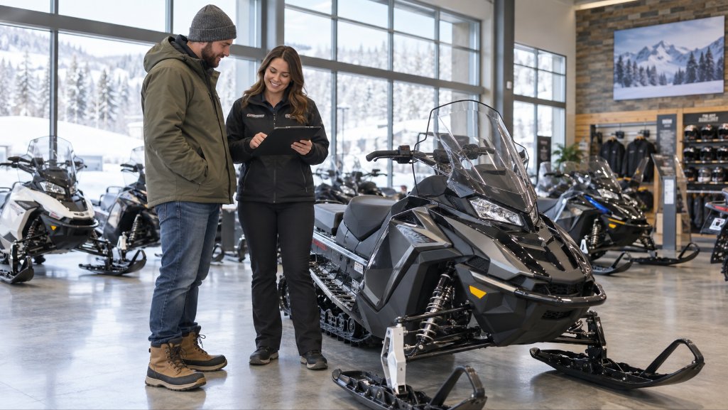 Shopper with snowmobile loan pre-approval shopping for a snowmobile inside a dealership in Michigan.