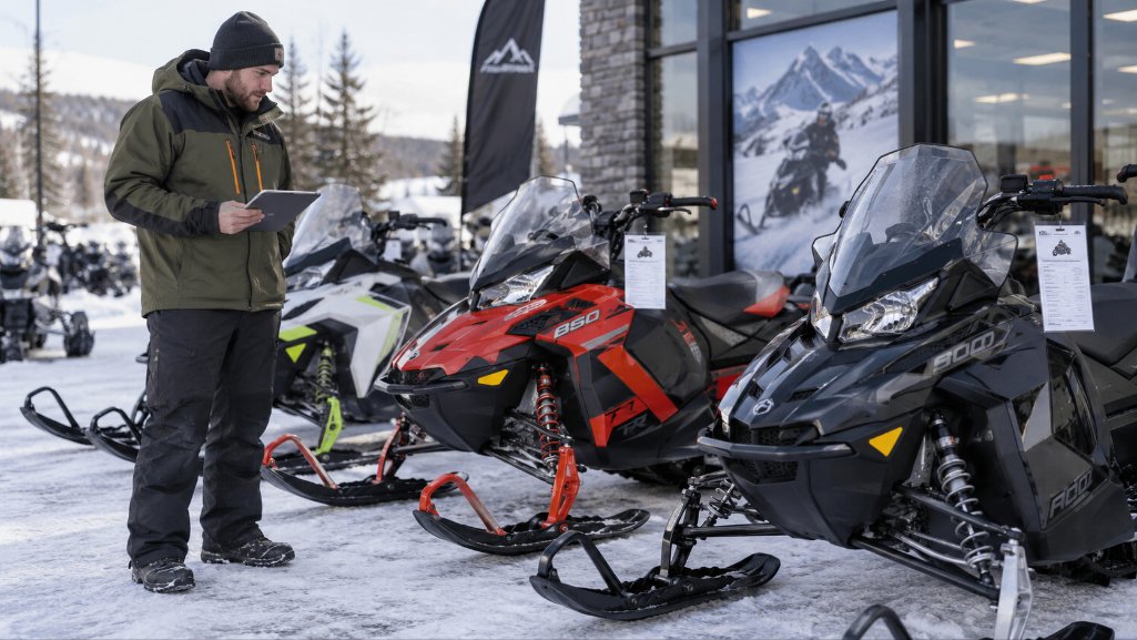 Shopper with snowmobile loan pre-approval comparing snowmobiles for sale at a dealership in Michigan.