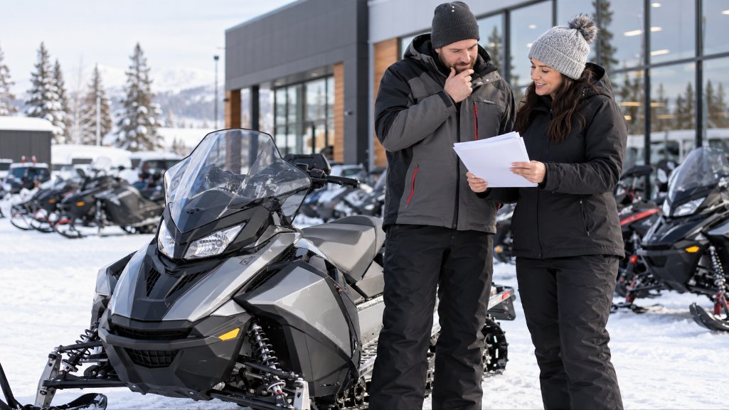 Buyer with snowmobile loan pre-approval shopping for a snowmobile at a dealership in Michigan.