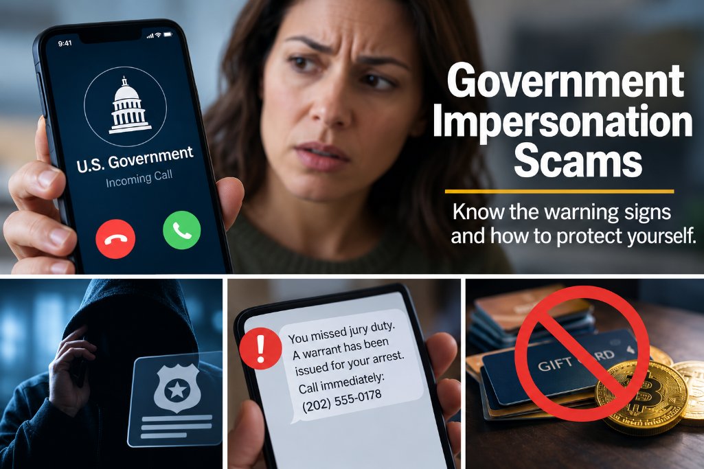 Government impersonation scams may use threats about arrest warrants, missed jury duty, or expiring licenses.