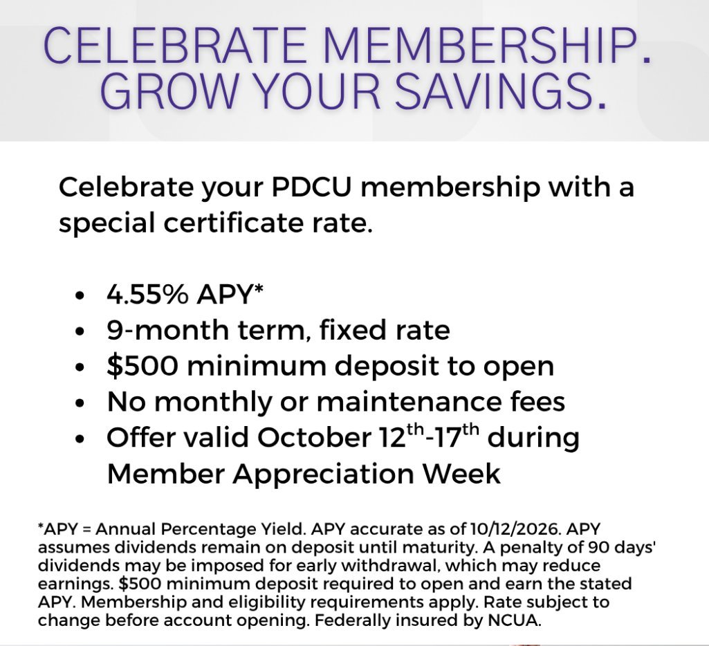 Member Appreciation Week 2026 donuts and cider event at People Driven Credit Union branches on October 15.